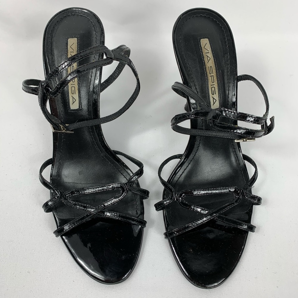 Via Spiga Black Strappy Patent Leather Spool Heel View 3